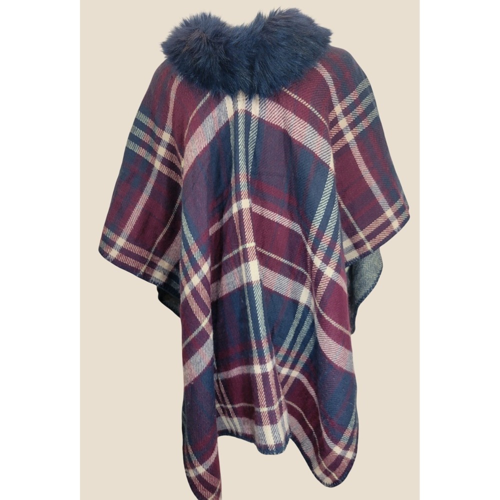 Marcus Adler Poncho Wrap Faux Fur Collar Plaid Tartan Preppy Burgundy Navy OS
